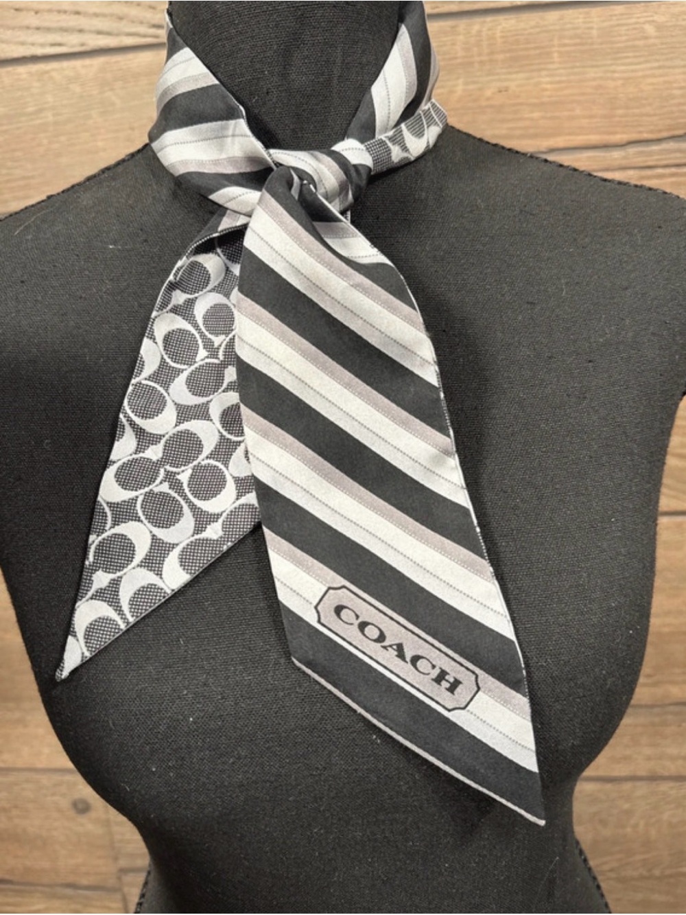 Coach Black & Gray Striped Signature Silk Scarf Tie